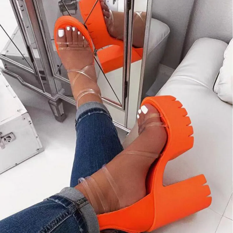 

Puimentiua Women Transparent Sandals Ladies High Heel Slippers Candy Color Open Toes Thick Heel Female Summer Shoes Sandalias