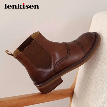 

Lenkisen stretch boots real leather retro british european design thick med heel round toe slip on daily wear ankle boots L85