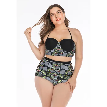 

L-4XL Plus Size Swimwear High Waist Women Print Bikini Set Bra Beachwear Split Large Size Beachwear Swimsuit Bikinis 2020