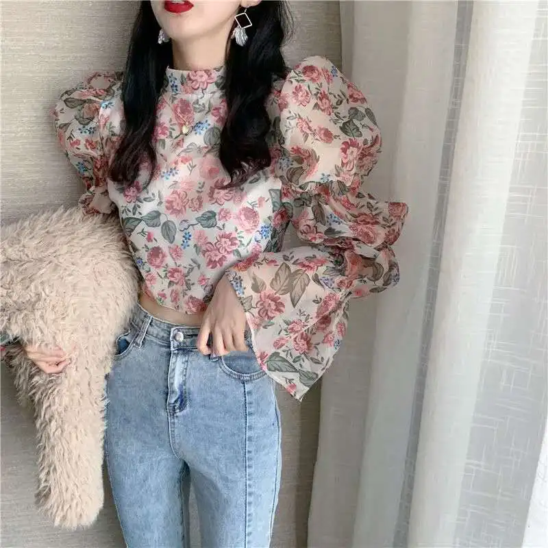 

Vintage Style Floral Ruffles Puff Long Sleeve Blouses Turtleneck Women Short Shirts Back Zip-up Lady Crop Tops Free Shipping