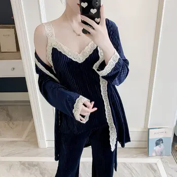 

Velvet Pajamas Set Shirt&pant Casual Soft Velour Nightwear Spring Autumn 3Pcs Sleepwear Pijamas Suit Warm Sexy Women Homewear