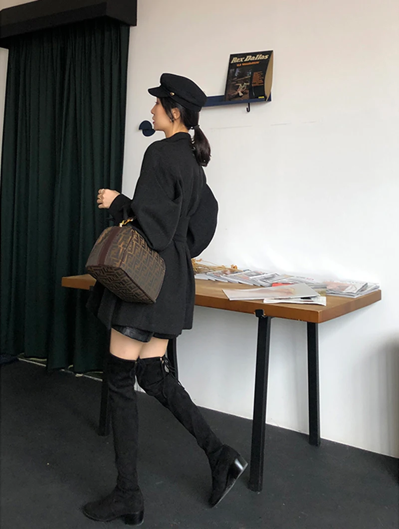 BGTEEVER Elegant Women Blend Coat Vintage Puff-sleeve Belted Female Woolen Coats Autumn Winter Office Ladies Overcoats Jackets