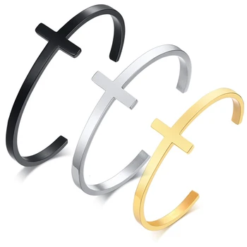 

Modern Stainless Steel Cross Cuff Bracelet Open Sideways Cross Bangle For Men Women Gold /black /silver Color