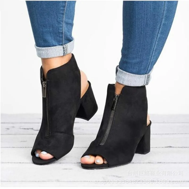 

2019 Fashion Ankle Boots Faux Suede Size 36-42 Leather Casual Open Peep Toe High Heels Zipper Square Rubber Black Women Shoes