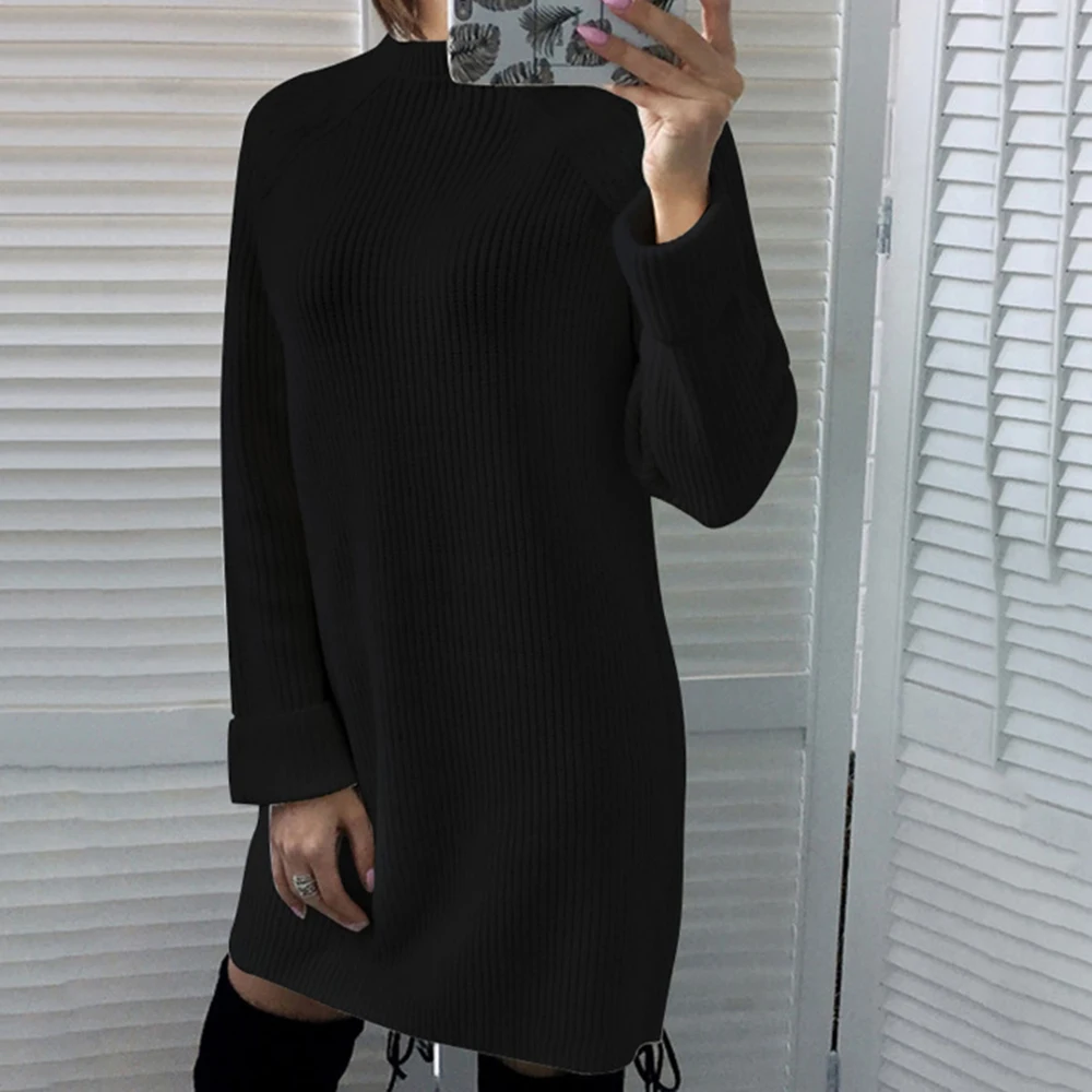 black CALOFE, Осень-зима, Женский однотонный вязаный свитер, платья, повседневные свободные хлопковые пуловеры с круглым вырезом, модное женское платье, пуловер - Цвет: black
