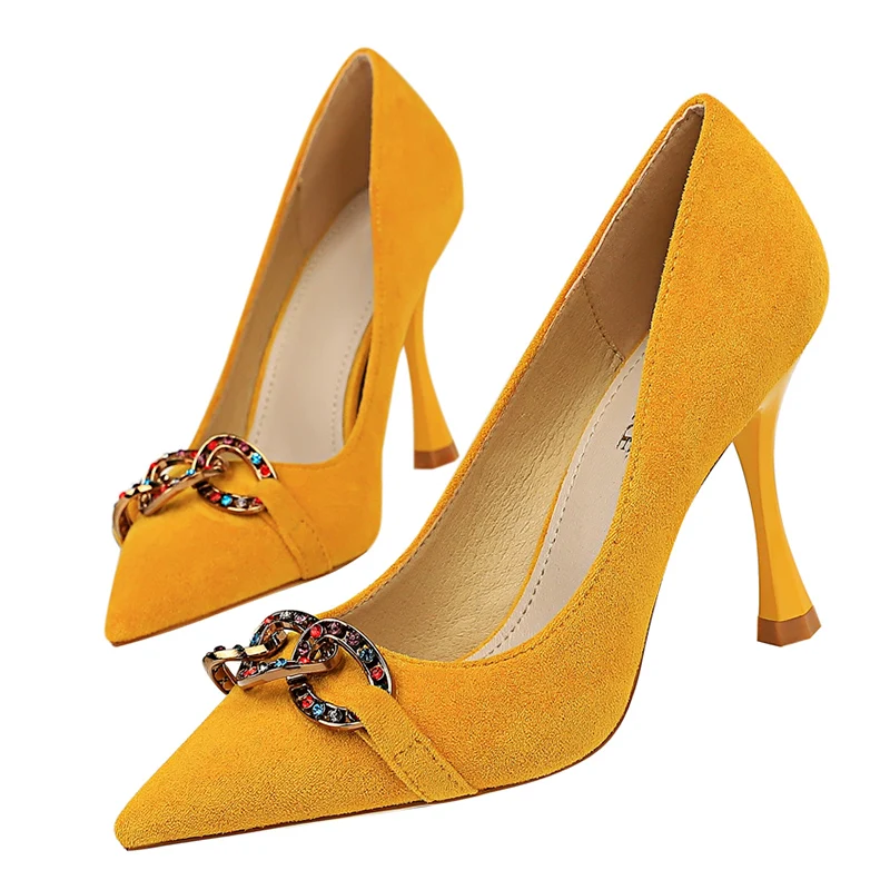 

2019 Women Blue 9.5cm High Heels Wedding Crystal Bridal Prom Pumps Lady Scarpins Yellow Green Heels Sexy Office Glitter Shoes
