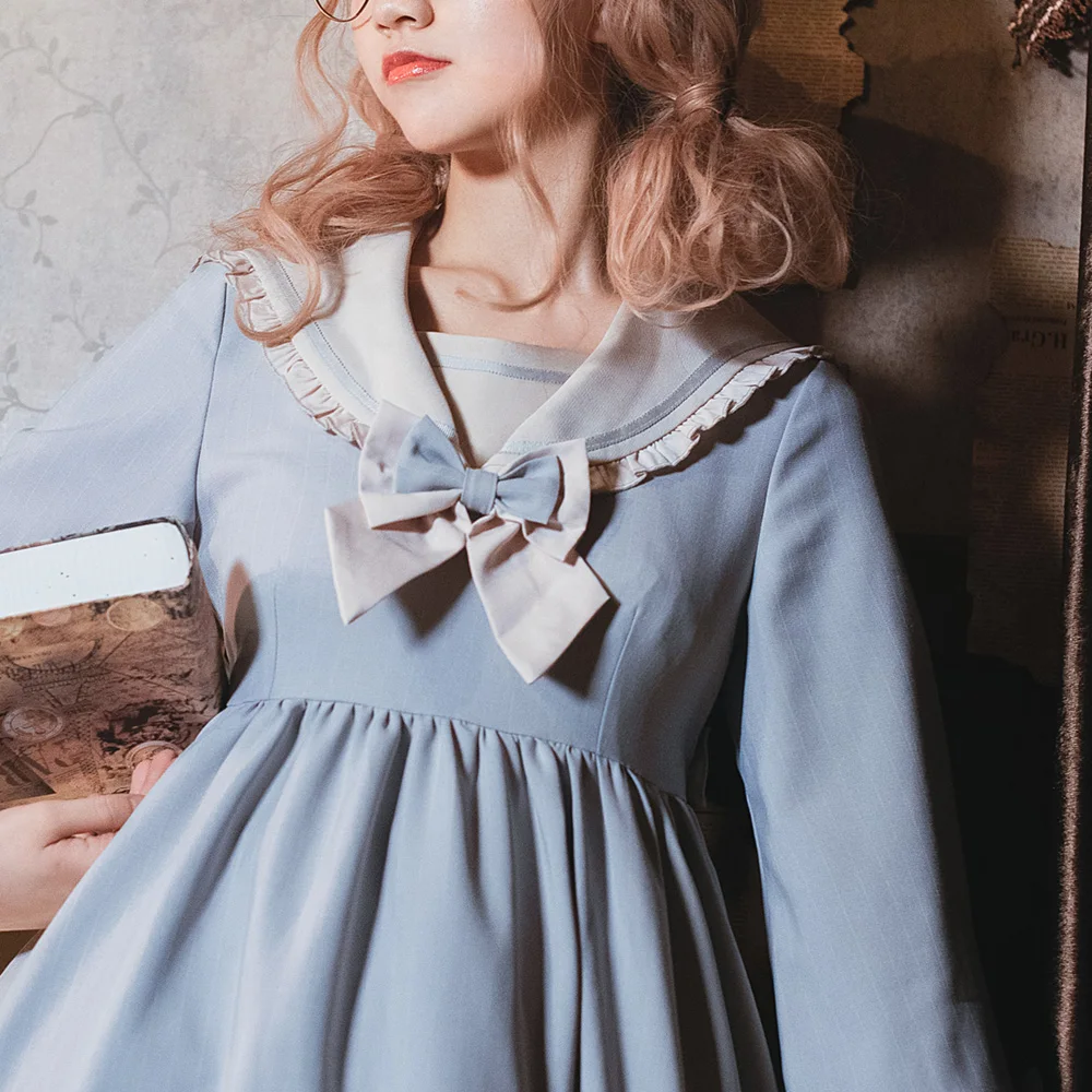 Only OP Dress Повседневное милое платье в стиле Лолиты с морским воротником, бантом и оборками, платье принцессы, милое женское платье в морском стиле с длинным рукавом, однотонное платье - Цвет: Only OP Dress