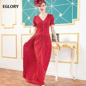 

Red Long Dress 2020 Summer Plus Size Clothing Women V-Neck Golden Print Beading Button Deco Short Sleeve Casual Long Maxi Dress