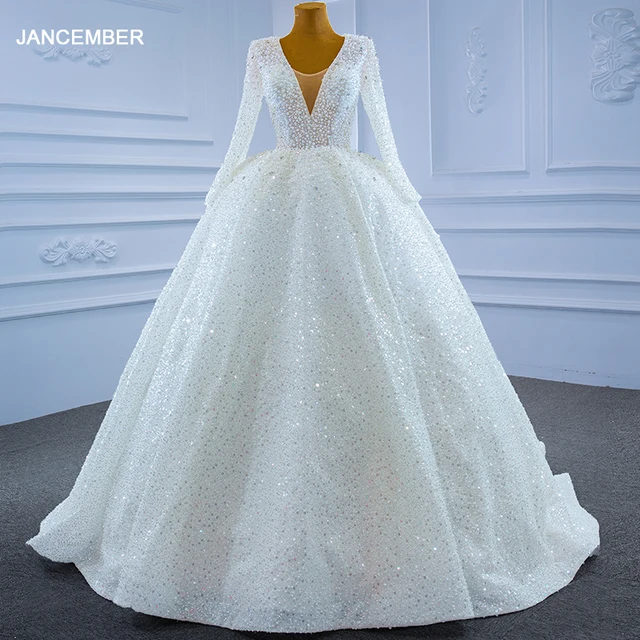RSM67265 New Style White Pearl Rhinestone Lace Bridal Gown Wedding Dress V Collar Tube Top Shiny Luxury Skirt Vestido Boda 2021 1