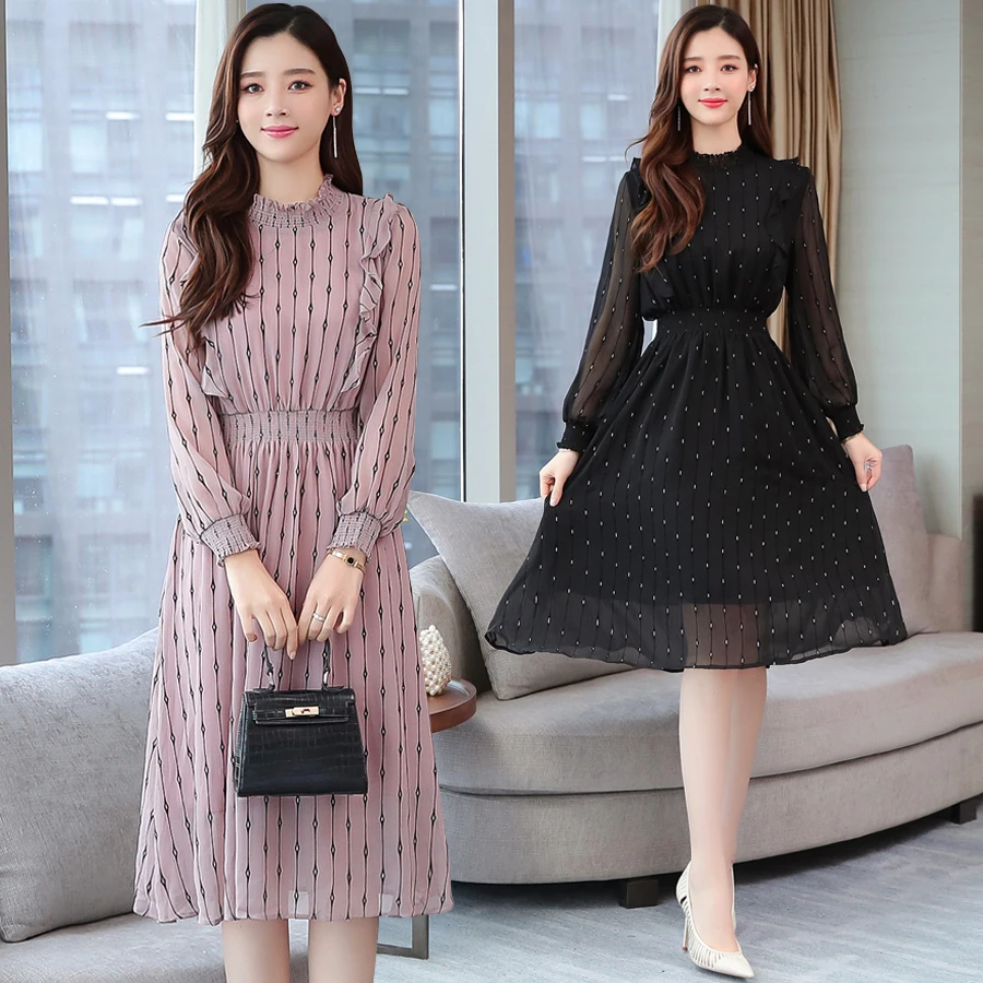 

Women Midi Striped Pink Fairy Dress Autumn Spring Long Sleeve Vintage Casual Black Office Dress Korean Elegant Runway Vestidos