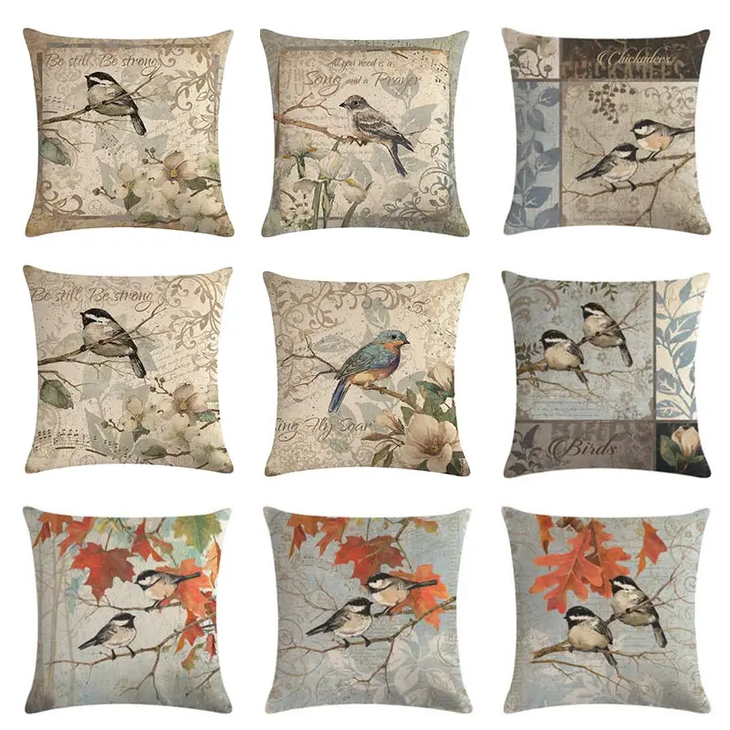 

45 * 45 Cm Yellow Autumn Branch-dwelling Birds Cushion Cover Throw Pillow Cover Decorativos Para Sofa Birds Pillowcase