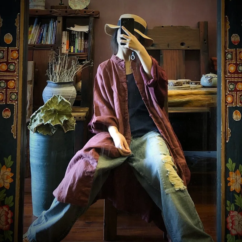 

2019 luo gu ni Origional Washing Flax Patchwork Cardigan Big Gown 1523