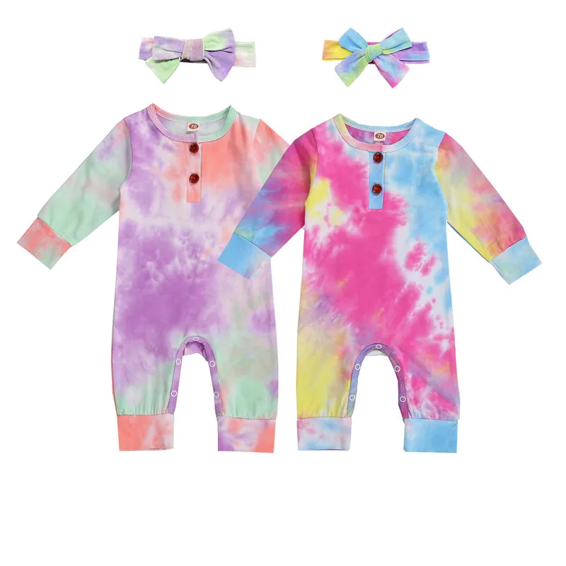 

2Pcs Baby Girls Fall Clothes Long Sleeve Tie Dye Print Romper with Headband Outfits Casual Baby Clothing