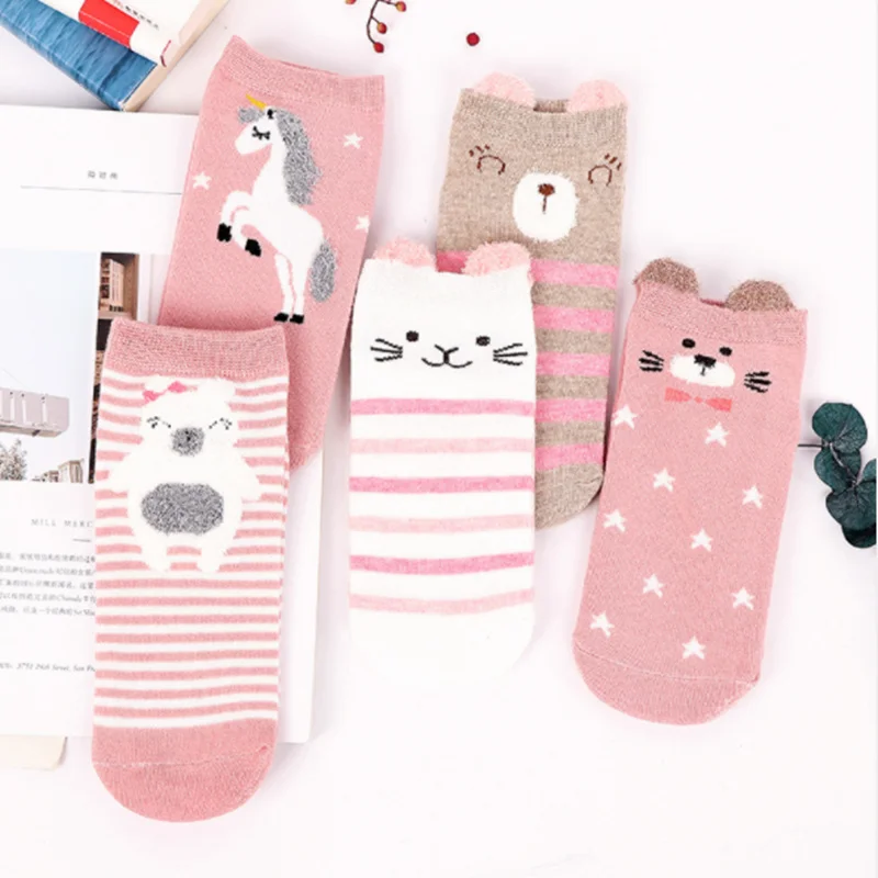 

5Pairs/Set Kawaii Cartoon Ear Socks Cat Short Socks Funny 3D Ankle Socks For Girls Animal Women Art Sock