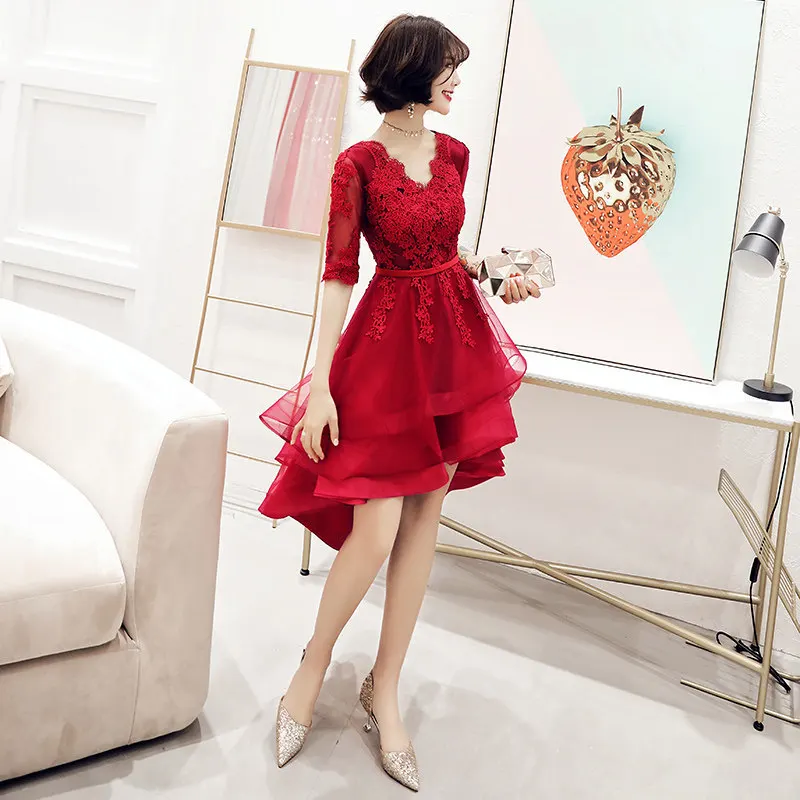 

2019 New Short Front Long Back Evening Dress Sexy Half Sleeve Prom Dress Appliques Flower Banquet Party Dress Robe De Soiree