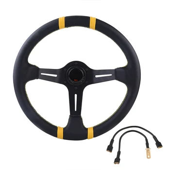 

350mm 14in Universal Aluminum Frame Leather 6-Bolt Car Racing Steering Wheel W/ Horn For Most Of Car Models A Standard 6-Bolt