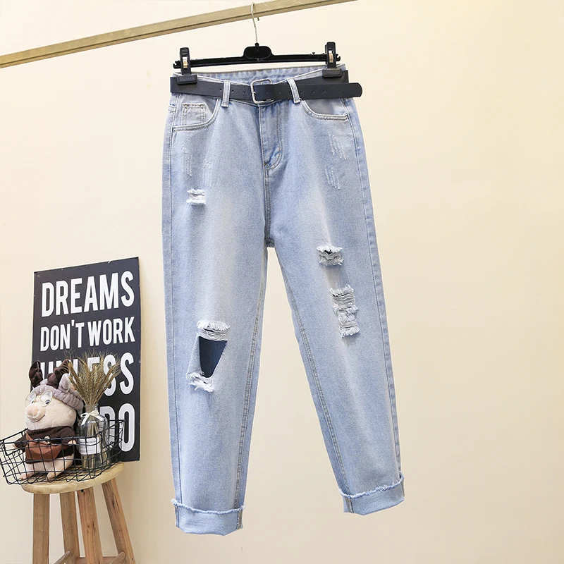 Рваные джинсы для Для женщин синий свободные Женская мода Высокая талия джинсы в винтажном стиле женская обувь до середины икры-Длина повседневные брюки-гаремы с джинсами