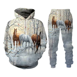 Ensemble sweat à capuche et pantalon imprimé Animal Horse 3D, unisexe, pull à manches longues, sweat shirt à capuche, vêtements décontractés pour hommes 