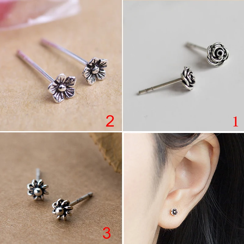 925 пробы, серебряные крошечные серьги-гвоздики в виде цветка, винтажные серьги для женщин, 3 пар/лот