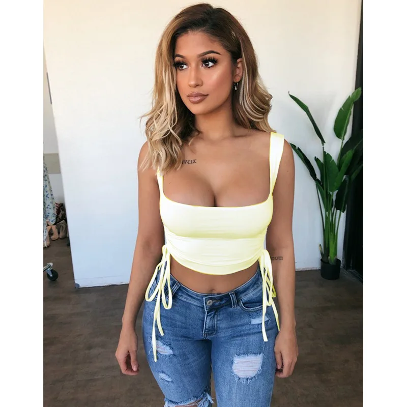 Women's Sleeveless Solid-color Tank Top Sexy Low-cut Hollow Drawstring  Tight Halter Top - Tanks u0026 Camis - AliExpress