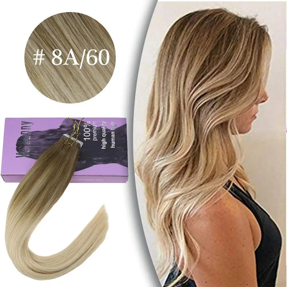 

VeSunny Adhesive PU Tape in Hair Extensions Tape on Human Hair Balayage Ombre Brown mix Blonde #8A/60 Remy Quality European Hair