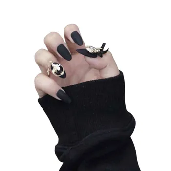 

24pcs/boxed Black color fake nails with design Medium length Round Head matt fake nails Finished products for lady with 2g glue