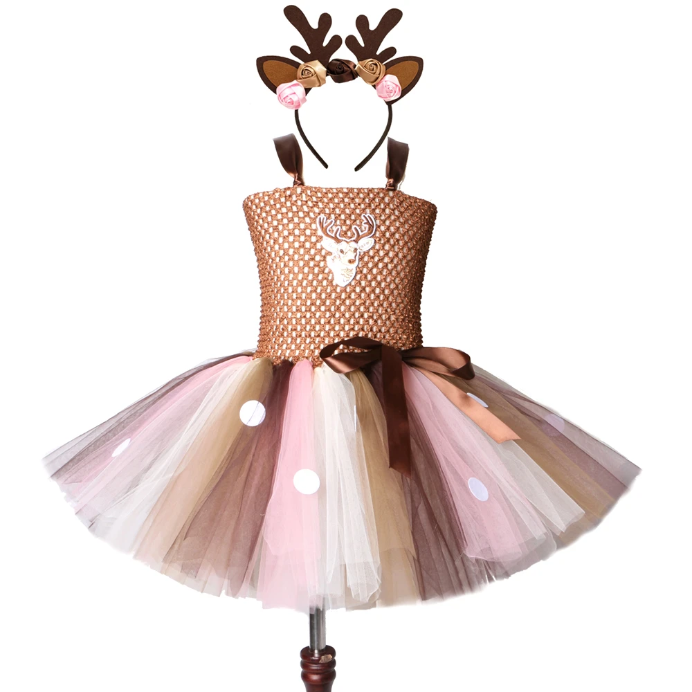 Brown Deer Tutu Dress for Girls Christmas Halloween Costume Kids Reindeer Princess Dresses Knee-length Xmas Children's Clothes new model children's dress