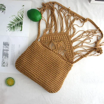 Handmade Cotton Woven Knitted Tassel Crossbody Bag Vintage Shoulder Messenger Bag Female Fashion Beach Summer Handbags for Women - Image 5
