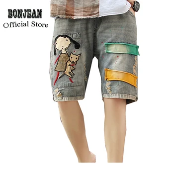 

Women Hot Jeans Denim Shorts Fashion Casual Cute for Summer Knee Length Big Loose Elastic Waist Embroidery Cartoon AZ39542628