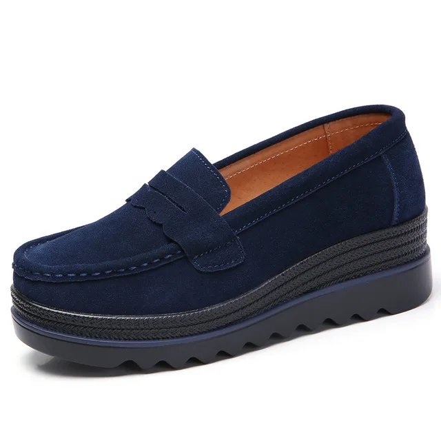Женская обувь на платформе; Лоферы без шнуровки из замши и коровьей кожи; дышащая удобная модная женская Повседневная прогулочная обувь - Цвет: Navy blue 03