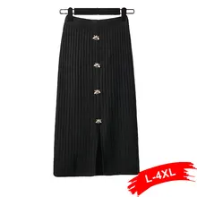 Для женщин плюс размер кнопка в виде пчелы спереди Сплит Вязание юбки 3XL 4XL осень зима толстый свитер вязаный черный разрез средней длины юбка