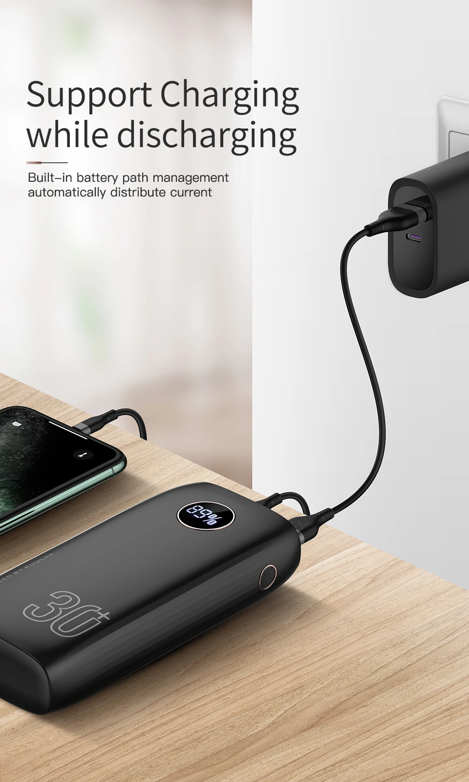 KUULAA power Bank 30000 mAh usb type C PD Быстрая зарядка+ Quick Charge 3,0 power Bank 30000 mAh Внешняя батарея для Xiaomi iPhone