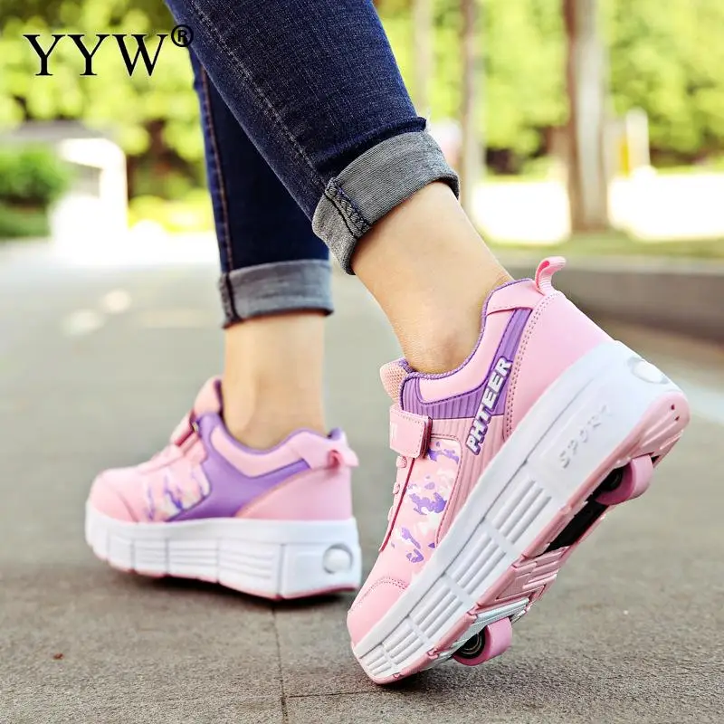 Kids 2 Pu Wheels Roller Skates Skating Blade Retractable Breathable Sneakers Shoes Outdoor Flying Shoes Child Girl Boys Silding