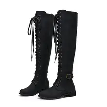 Осенние высокие сапоги до бедра; женская обувь на шпильке; женская пикантная Обувь На Шнуровке; женские кожаные ботинки в стиле милитари; большие размеры 35-43