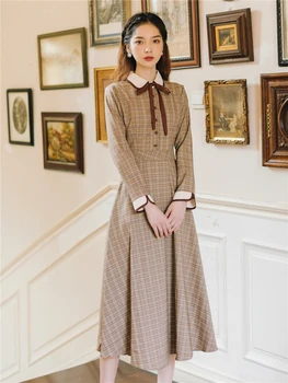 

High Quality Retro Spring Autumn New Arrival Peter Pan Collar Bowknot Plaid Long Sleeve Women Long Dress Elegant Robe Femme