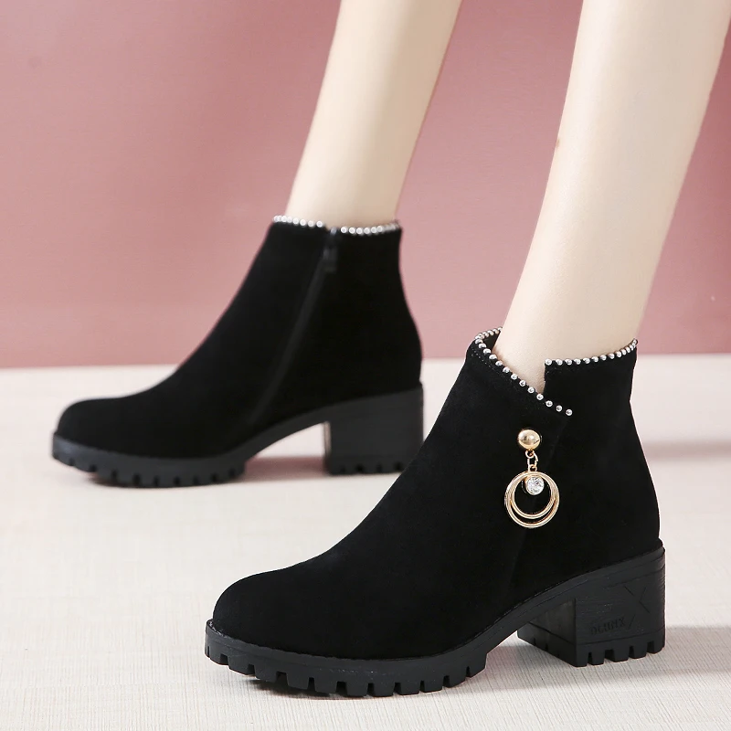 Autumn Winter Warm Women Ankle Boots Square High Heels Leather Boots Pointed Martin Boots Casual Pumps