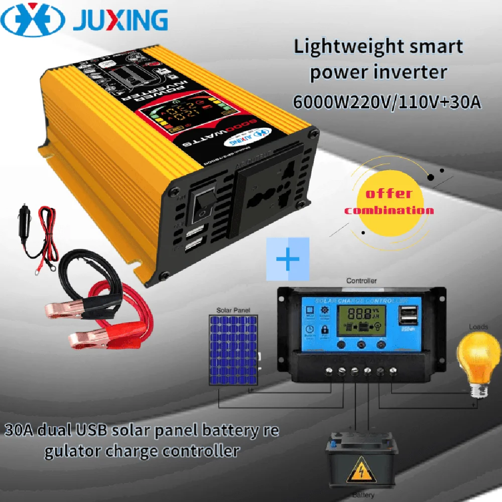 

JUXING 6000W Power Converter Transformer DC 12V to AC 110V/220V with Dual USB + 30A Solar Controller Voltage Use for Car,Outdoor