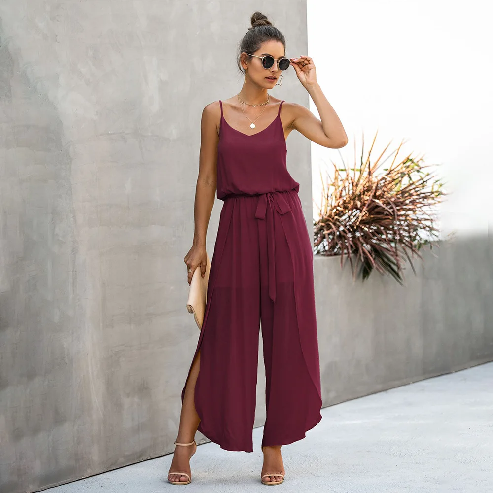 

Women's Suspenders Jumpsuit Rompers Sleeveless Backless Overalls 2020 Summer Wide Leg Side Fork Tank Playsuits