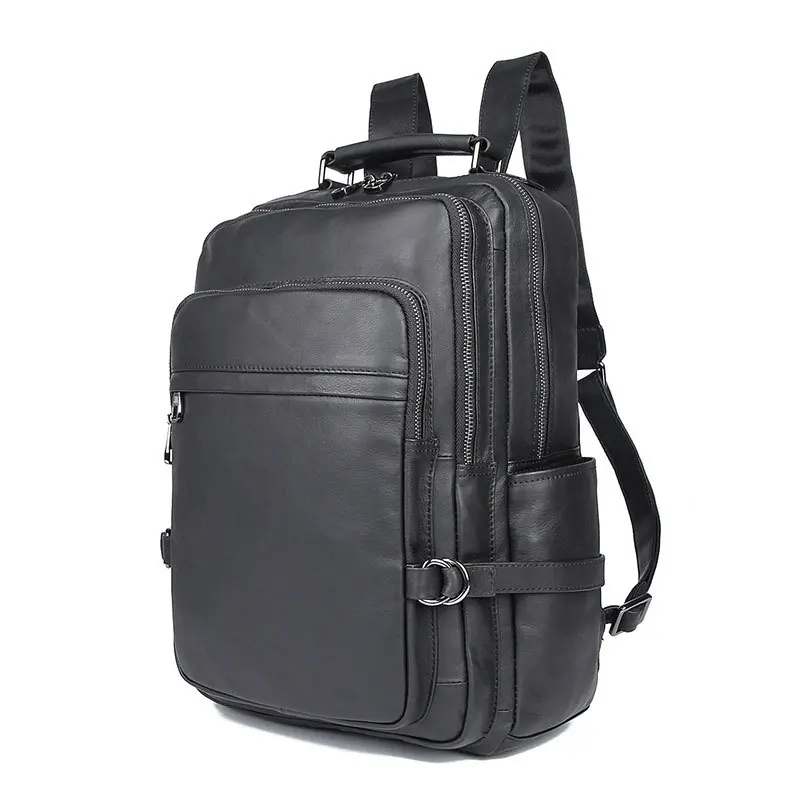 

High Quality Casual New Large Capacity Black Leather 14'' Laptop Women Men Backpacks Male Travel Bags