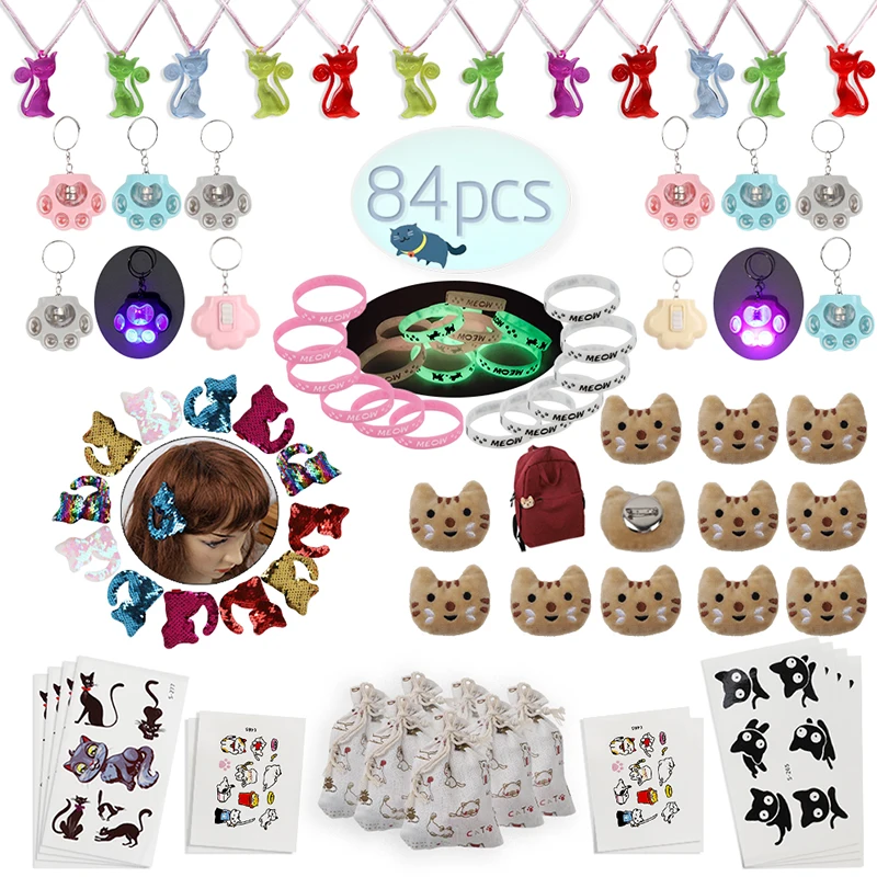 Мяу Кошка партия поддерживает поставки кошка ожерелье/браслет/брелок/заколки/татуировки/брошь/Подарочные сумки дети девочки Goodie Сумки на день рождения - Цвет: 84pcs