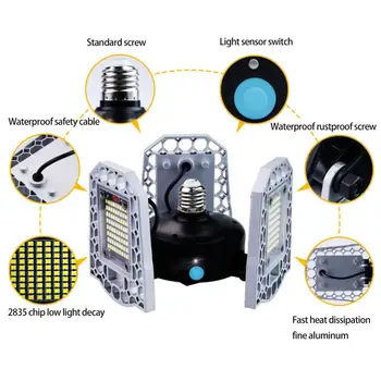 

E27 60/80/100W 9600LM LED Garage Shop Work Lights Home Ceiling Fixture Deformable Lamp IP65 Light-sensitive Garage Light