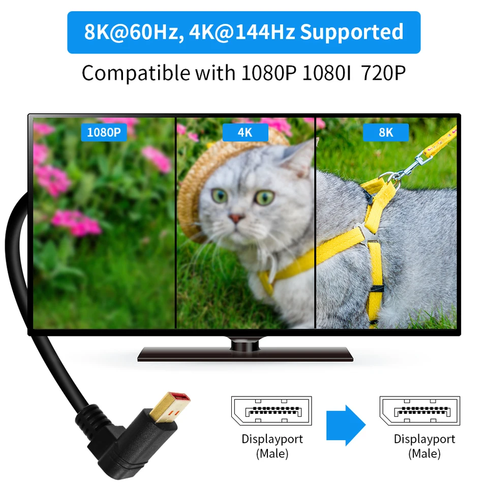 Cavo in silicone Displayport 1.4 ad angolo retto 90 ° Displayport angolato fino a 8K/60Hz, 4K/144Hz supportato 0,3/0,6/1/1,8/3/5 m  44