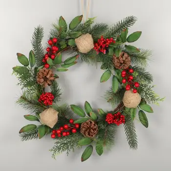 

18IN Christmas Wreath Door walls window hanging garland Home berry linen green leaf pine cone Christmas decoration