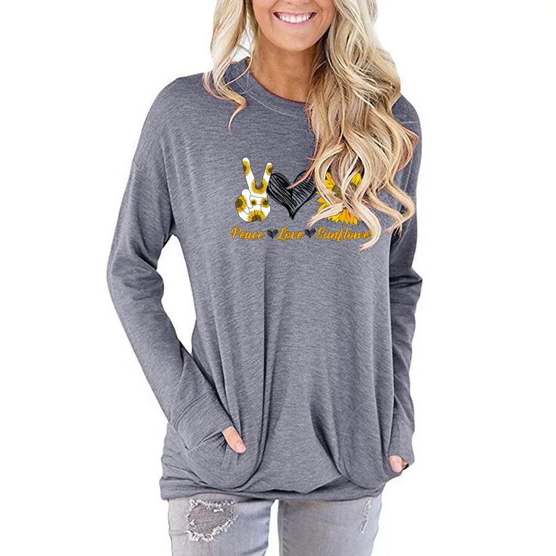 

New Women's T-shirt O-Neck Harajuku Peace Love Sunflower Print Top Long Sleeve Casual Female T shirt Oversized Warm Autumn