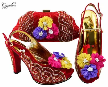 

Beautiful red high heel shoes and purse bag set with 3D flower nice matching for party dress JZS-02 Heel Height 11cm