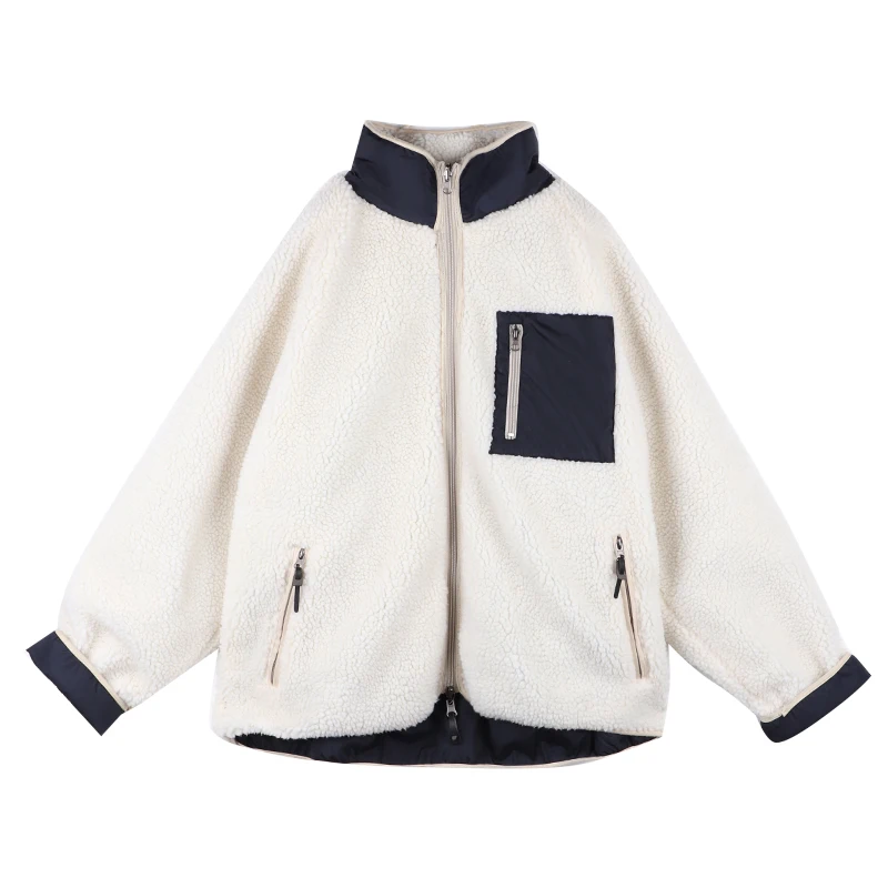 

Winter Jackets Girls Korean Patchwork Outwear Wool Jacket Men Zipper Velvet Stand Collar Both Sides Wear Jacket Coat Plus Size