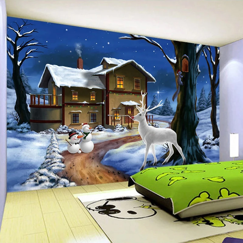 

Drop Shipping Custom 3D Photo Wallpaper For Kids Room Cartoon Snowman Elk Decoration Wall Painting Mural Wallpaper For Walls 3 D