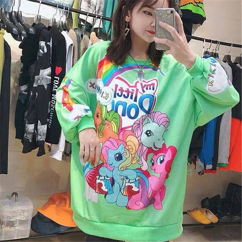 Аниме толстовки женские Kawaii девушки милые женские пуловеры, топы Свободные Мультяшные японские худи женские осенние свободные зеленые толстовки