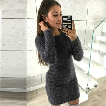 

Warm Plush Sweater Dress Winter Party Mini Bandage Knitted Dress Women's 2020 New Solid Long Sleeve Round Neck Sexy Dresses