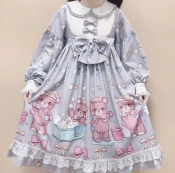 

kawaii girl gothic Japanese sweet lolita dress vintage lace bowknot peter pan collar cute printing victorian dress lolita op cos